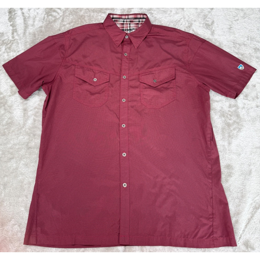 Kuhl Eluxur Red Black Mini Houndstooth Printed Short Sleeve Shirt Mens Size L